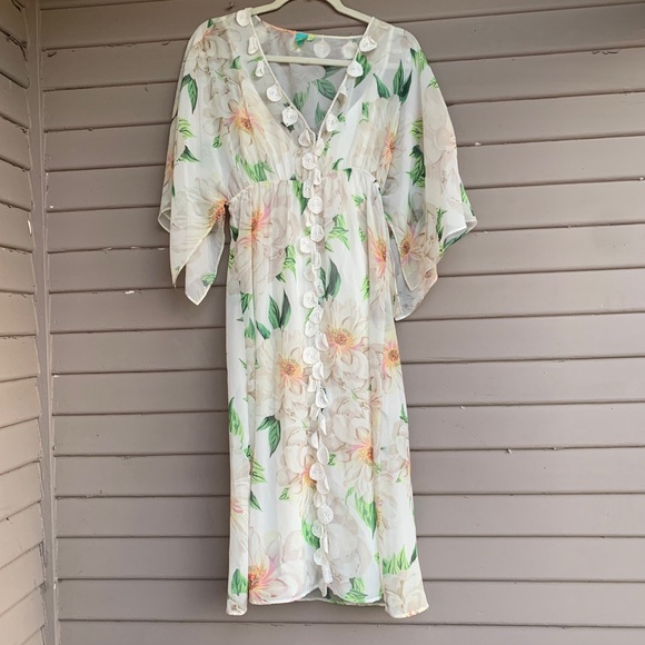 Farm Rio x Anthropologie Dahlia Boho White Chiffon Floral Maxi Dress Size S - Picture 15 of 15